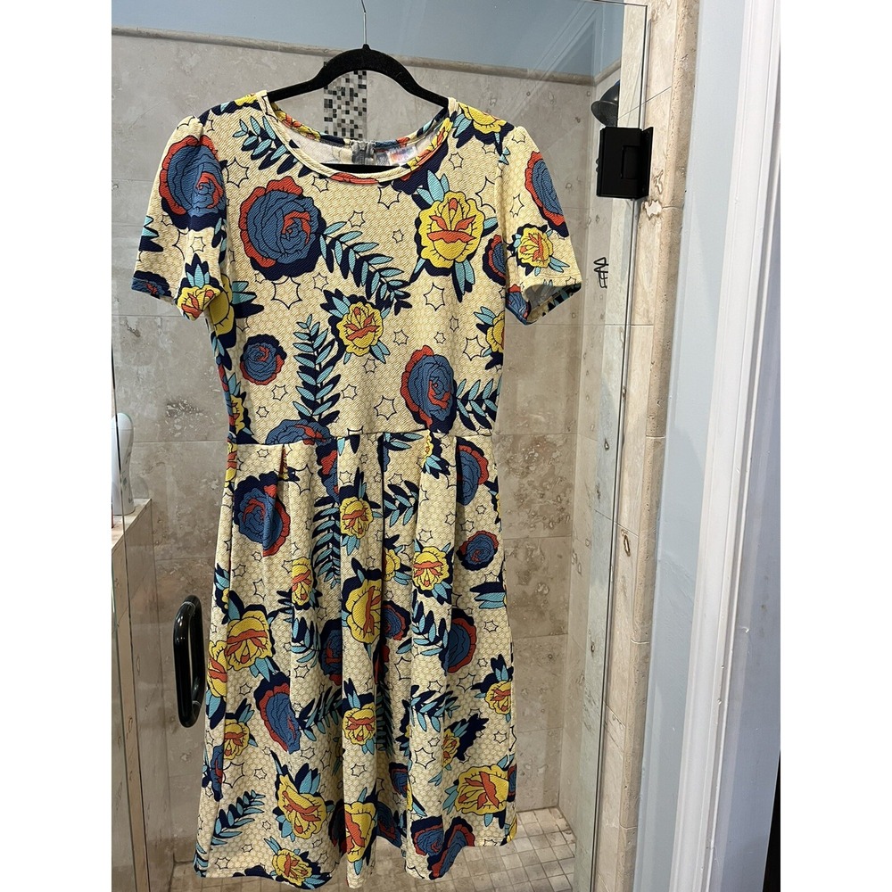 LuLaRoe Amelia Retro Floral Daisy Star Pockets Exposed Zipper Dress XL